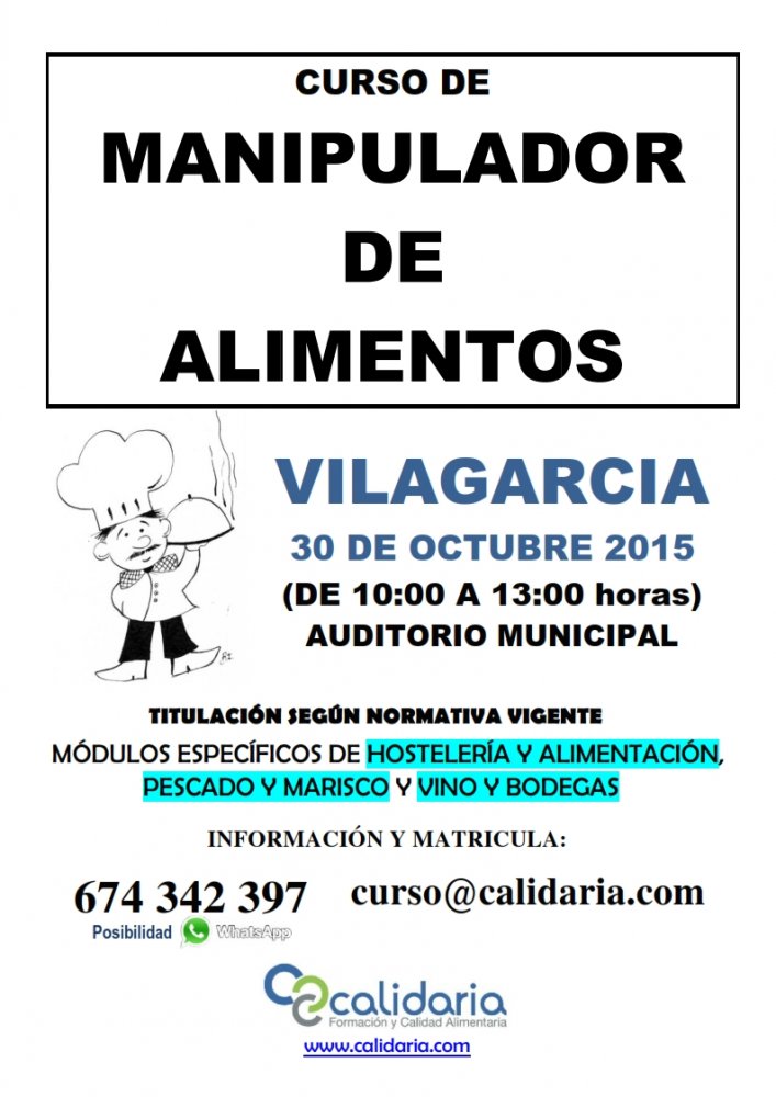 Vilagarcía de Arousa - Curso de Manipulador de Alimentos el día 30 de Octubre de 10 a 13 horas en el Auditorio Municipal