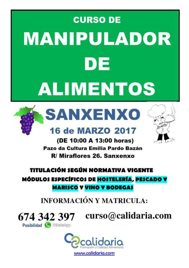 CARTEL CURSO DE MANIPULADOR DE ALIMENTOS SANXE MARZO 2017 001 CALIDARIA