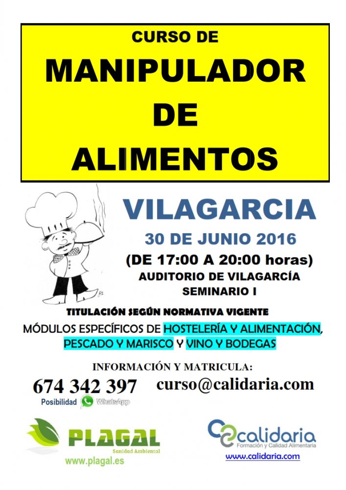 Vilagarcía de Arousa - Curso de Manipulador de Alimentos el día 30 de JUNIO 2016  de 10 a 13 horas en el Auditorio Municipal
