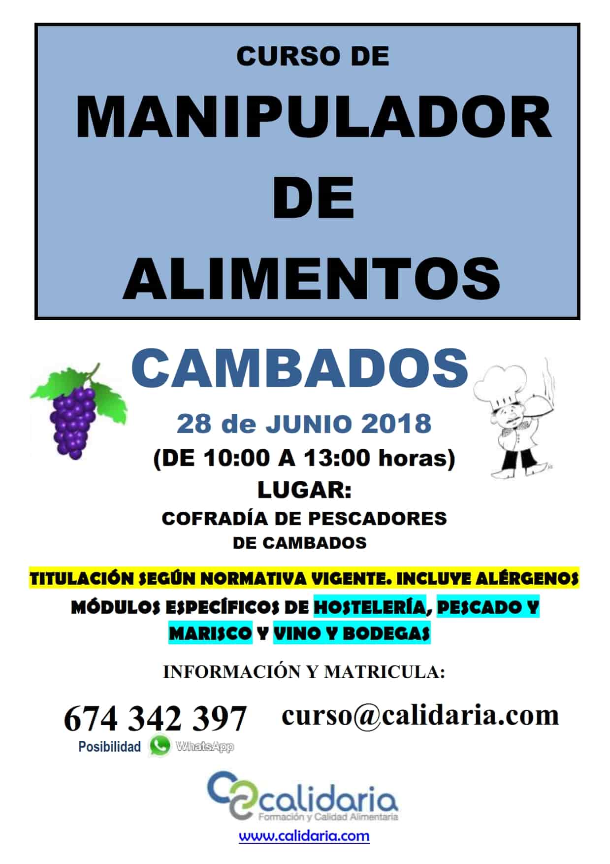 CARTEL CURSO DE MANIPULADOR DE ALIMENTOS CAMBADOS JUNIO 2018 001